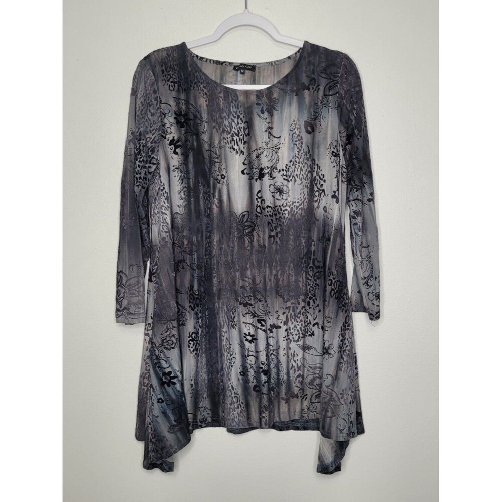 Como No gray black grunge asymmetrical hem dark boho pull over top size medium